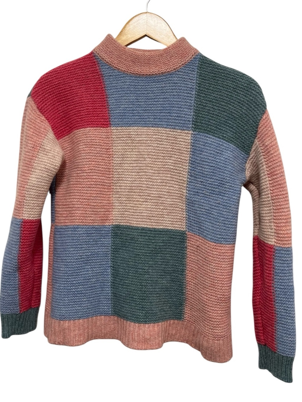 WoolOvers Pure New Wool Sweater Pastel Patchwork Mock Neck Small